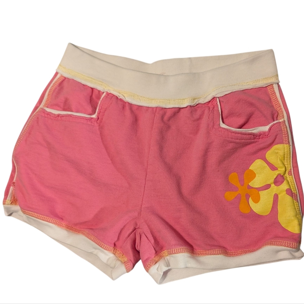 Y2K Retro Nickelodeon Girls Pink and Yellow Athletic Floral Print Shorts 6/6X